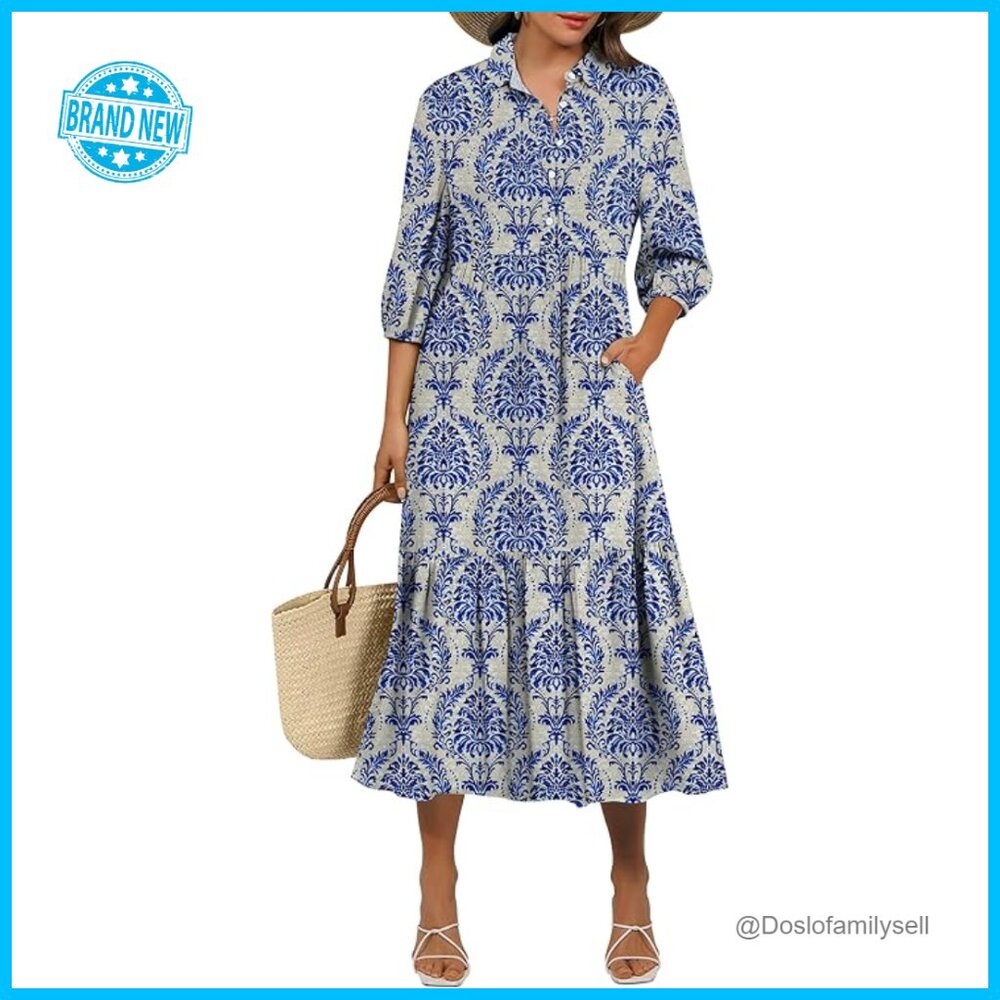 Boho Maxi Dress Floral Print V Neck Puff Sleeve Casual Beach Vacation Wear